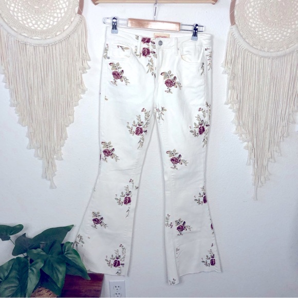 DRIFTWOOD Denim - Driftwood Farrah floral embroidered flare raw hem ivory white jeans